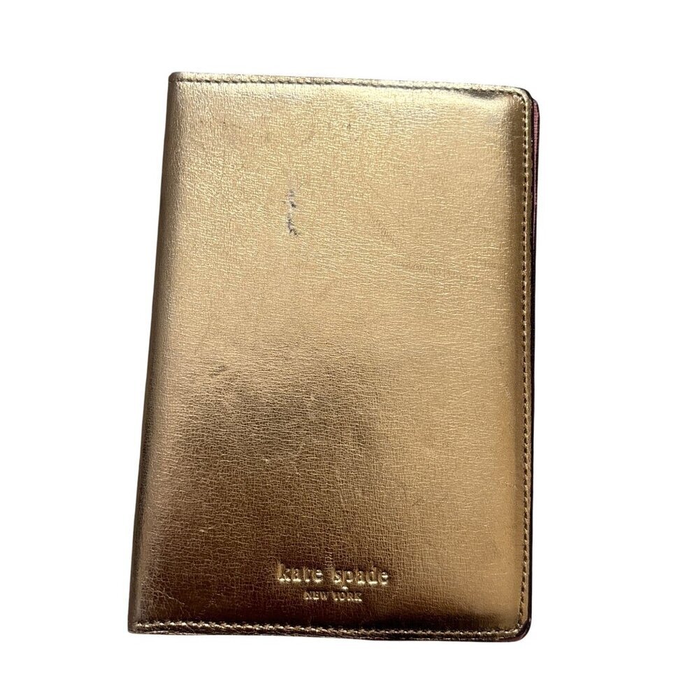 Kate Spade Gold Leather Passport Holder Travel Case Pink Polka Dot Lining VGUC - Picture 1 of 6